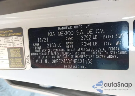 2022 Kia Forte Lxs z USA, uszkodzony, nr VIN 3KPF24AD3NE431153